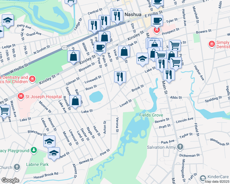 map of restaurants, bars, coffee shops, grocery stores, and more near 55 Lake Street in Nashua