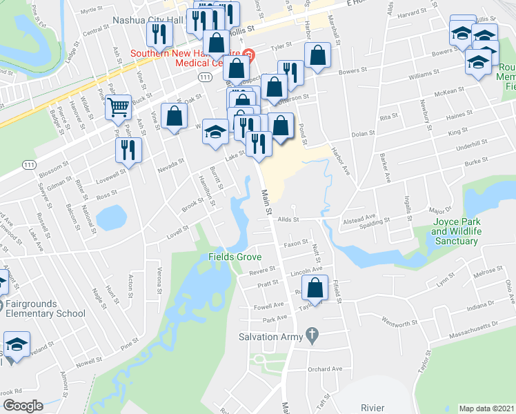 map of restaurants, bars, coffee shops, grocery stores, and more near 331 Main Street in Nashua