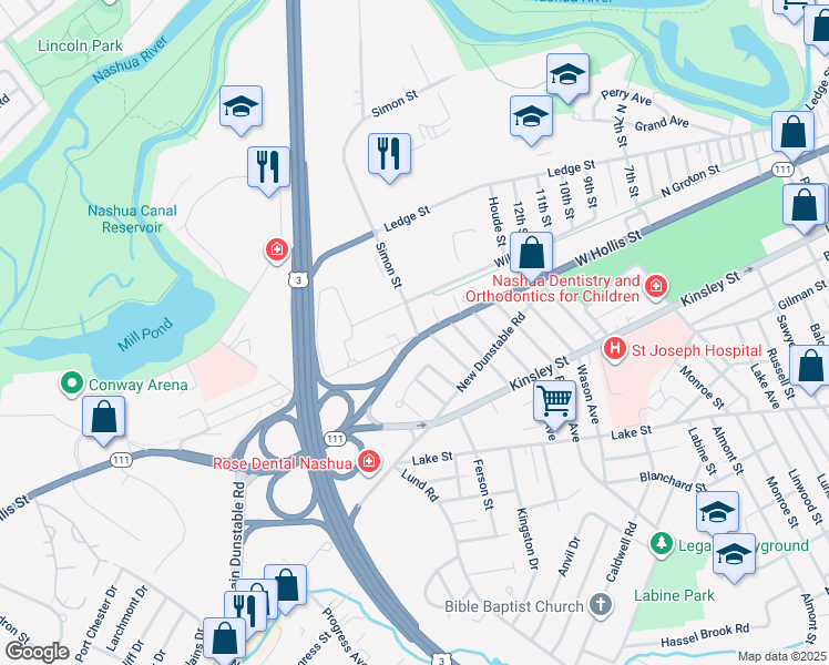 map of restaurants, bars, coffee shops, grocery stores, and more near 357 West Hollis Street in Nashua