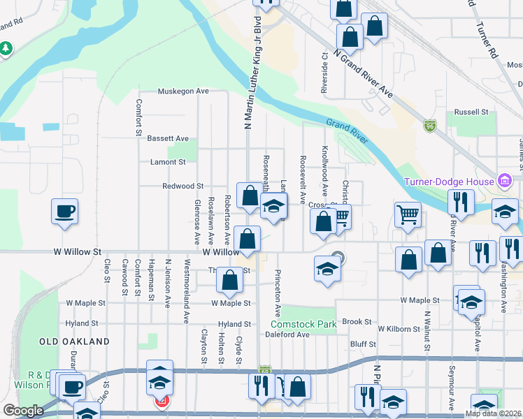 map of restaurants, bars, coffee shops, grocery stores, and more near 1030 Ontario Street in Lansing