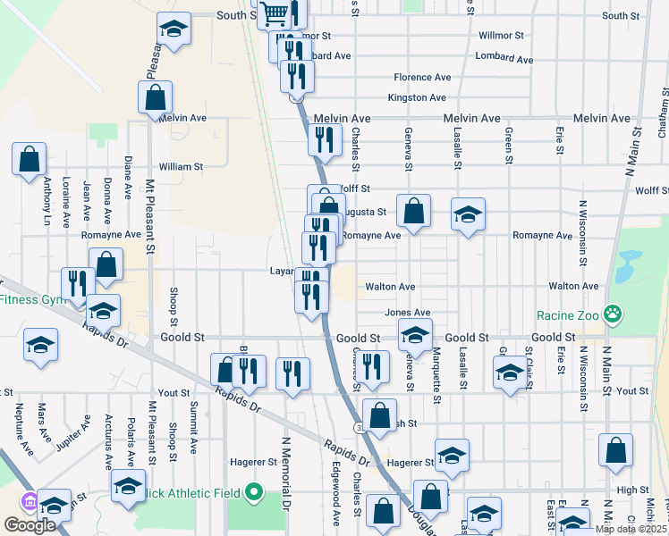 map of restaurants, bars, coffee shops, grocery stores, and more near 2345 Douglas Avenue in Racine