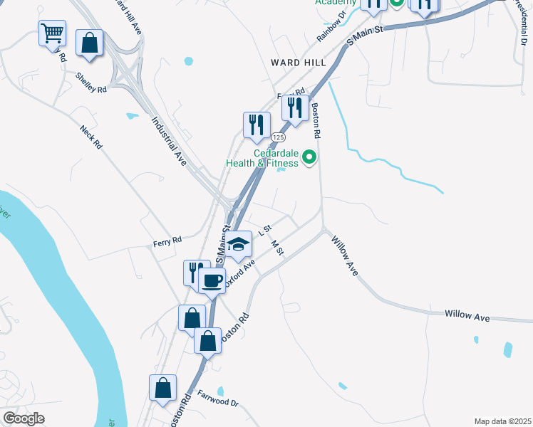 map of restaurants, bars, coffee shops, grocery stores, and more near 59 L Street in Haverhill