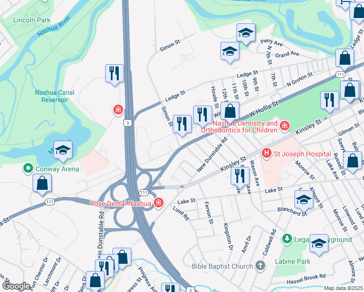 map of restaurants, bars, coffee shops, grocery stores, and more near 357 West Hollis Street in Nashua