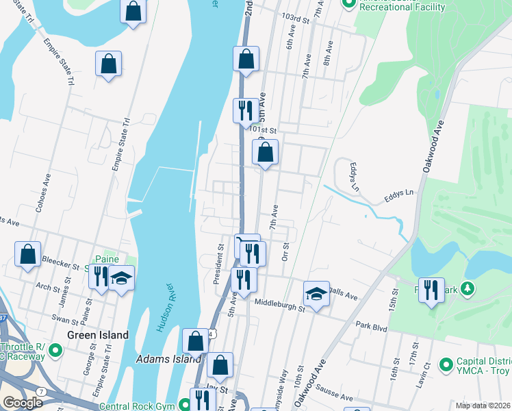 map of restaurants, bars, coffee shops, grocery stores, and more near 3165 6th Avenue in Troy
