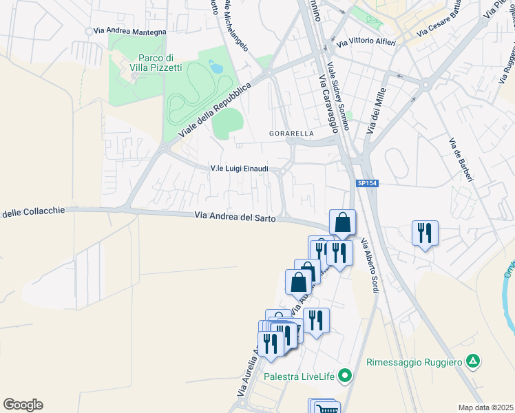 map of restaurants, bars, coffee shops, grocery stores, and more near 17 Via Giuseppe Toniolo in Grosseto