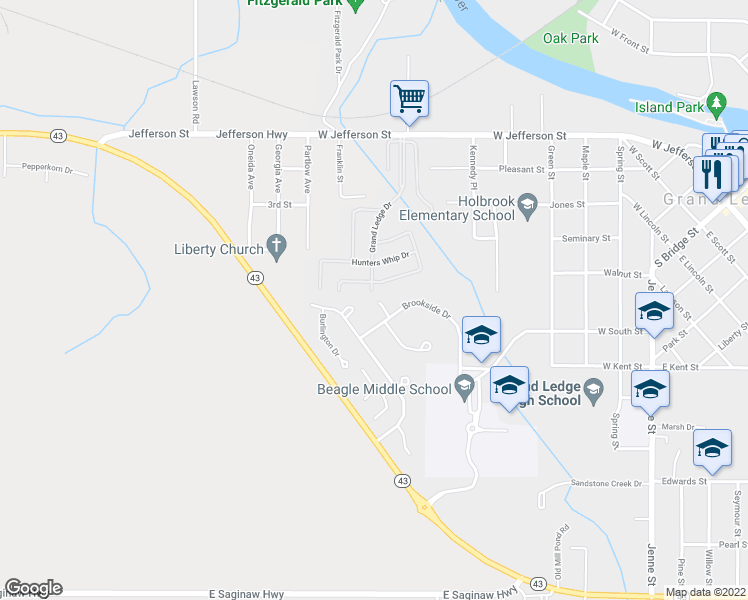 map of restaurants, bars, coffee shops, grocery stores, and more near 1211 Pennington Circle in Grand Ledge