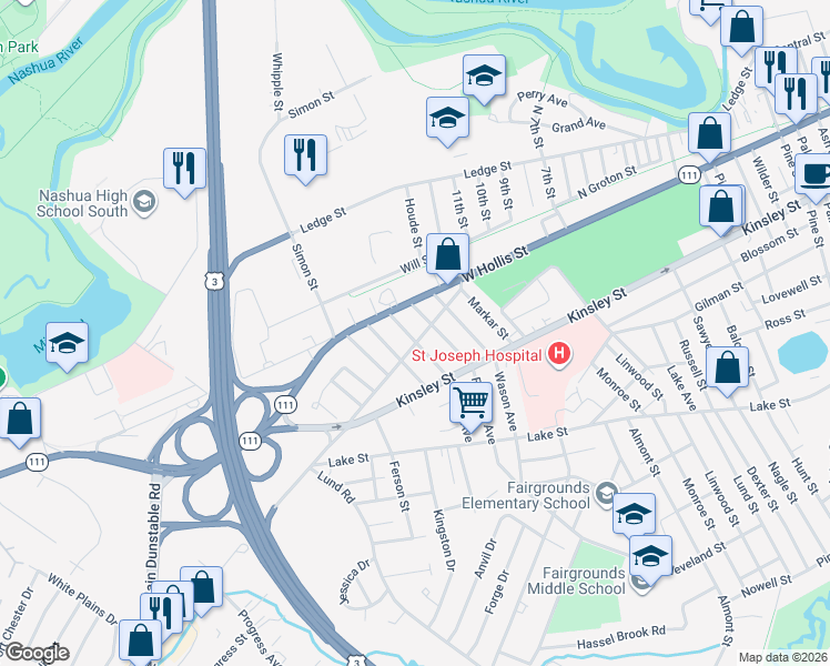 map of restaurants, bars, coffee shops, grocery stores, and more near 7 Joffre Street in Nashua