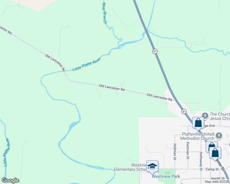 map of restaurants, bars, coffee shops, grocery stores, and more near 1557 Old Lancaster Road in Platteville