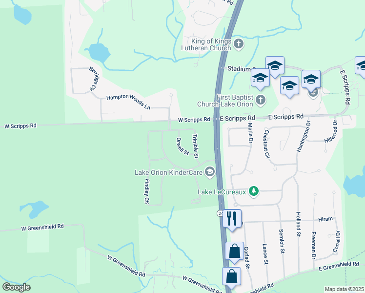map of restaurants, bars, coffee shops, grocery stores, and more near 2106 Orwell Street in Orion charter Township