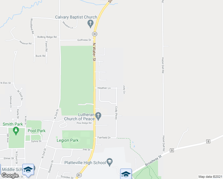 map of restaurants, bars, coffee shops, grocery stores, and more near 855 Heather Lane in Platteville