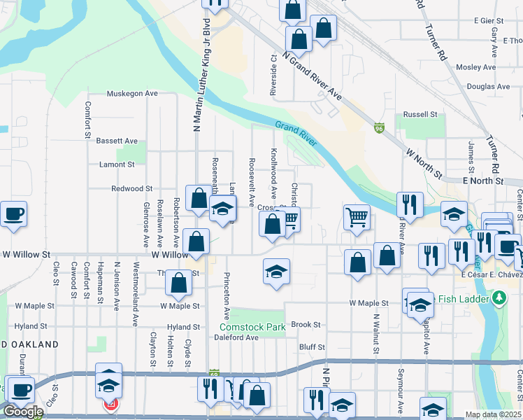 map of restaurants, bars, coffee shops, grocery stores, and more near 1352 Roosevelt Avenue in Lansing