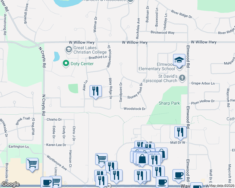 map of restaurants, bars, coffee shops, grocery stores, and more near 1404 Stoney Point Drive in Lansing