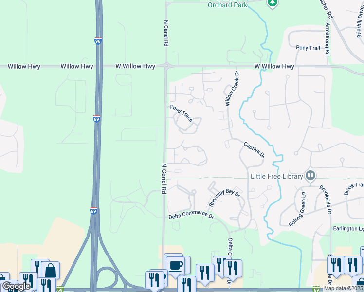 map of restaurants, bars, coffee shops, grocery stores, and more near 7369 Talbot in Lansing