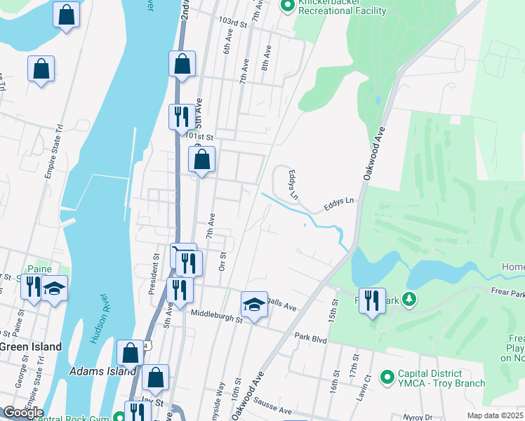 map of restaurants, bars, coffee shops, grocery stores, and more near 1 House Avenue in Troy