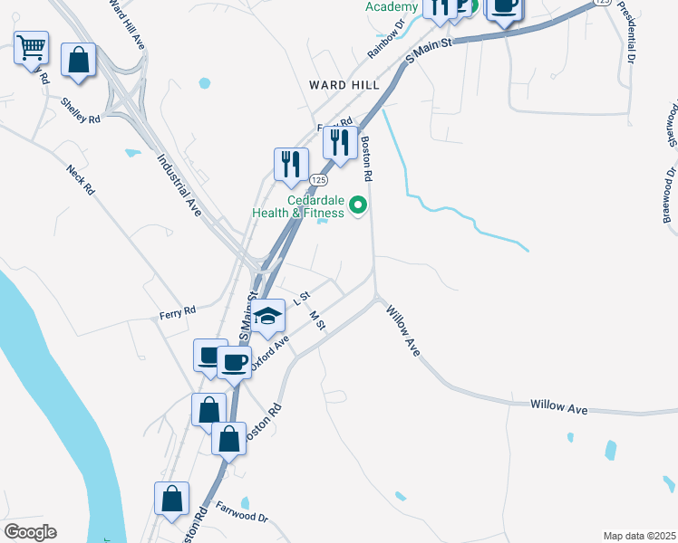 map of restaurants, bars, coffee shops, grocery stores, and more near 53 E Street in Haverhill
