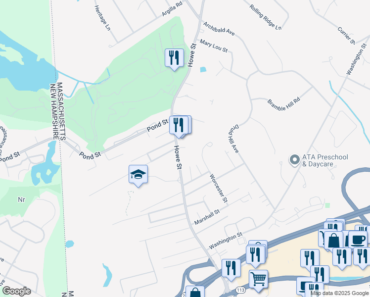 map of restaurants, bars, coffee shops, grocery stores, and more near 139 Howe Street in Methuen