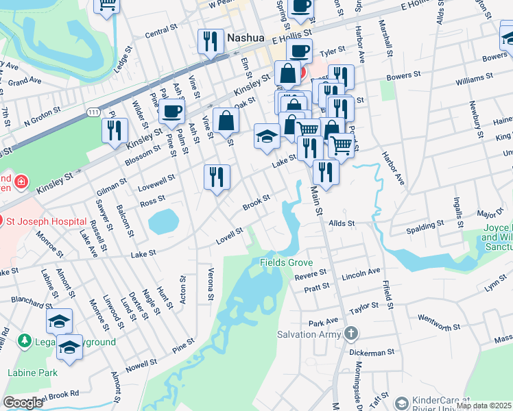 map of restaurants, bars, coffee shops, grocery stores, and more near 157 Chestnut Street in Nashua