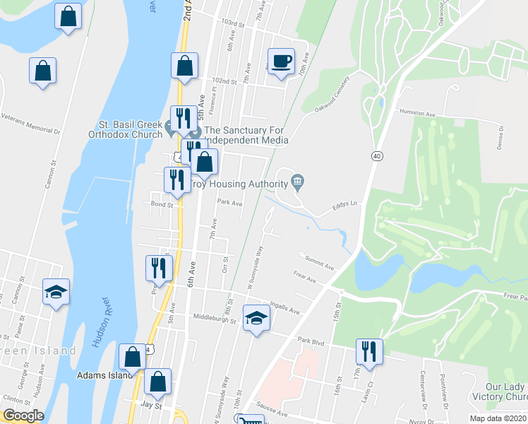 map of restaurants, bars, coffee shops, grocery stores, and more near 1 House Avenue in Troy