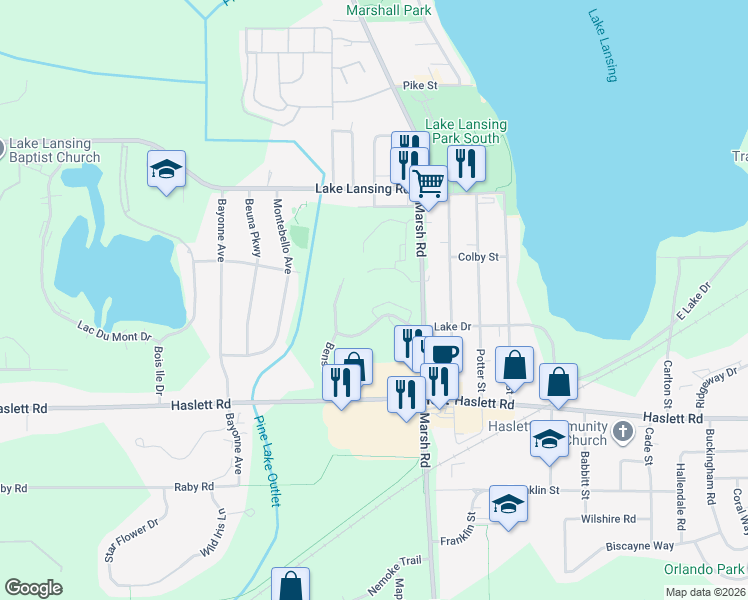 map of restaurants, bars, coffee shops, grocery stores, and more near 1626 Lake Dr in Meridian Charter Township