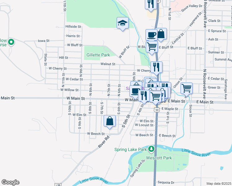 map of restaurants, bars, coffee shops, grocery stores, and more near 619 West Main Street in Cherokee