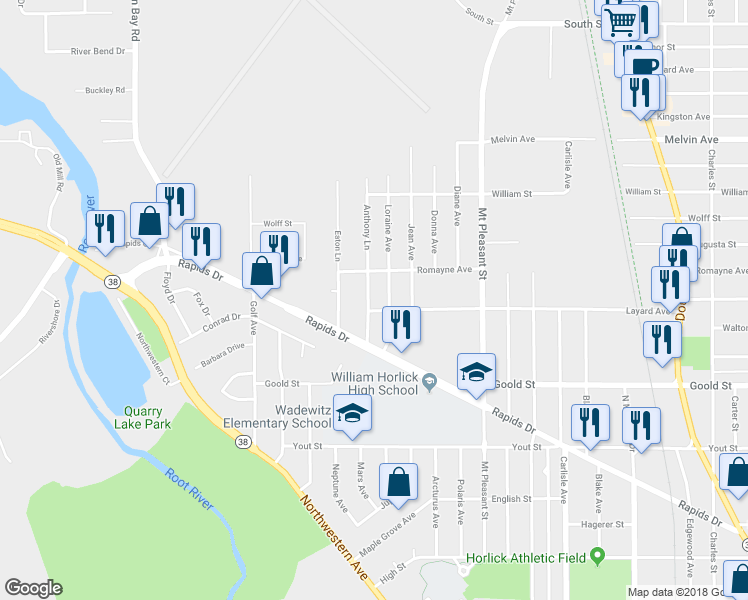 map of restaurants, bars, coffee shops, grocery stores, and more near 2409 Jacato Drive in Racine