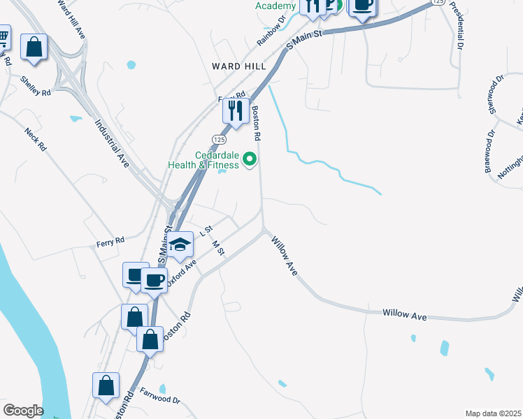 map of restaurants, bars, coffee shops, grocery stores, and more near 4 Oxford Avenue in Haverhill