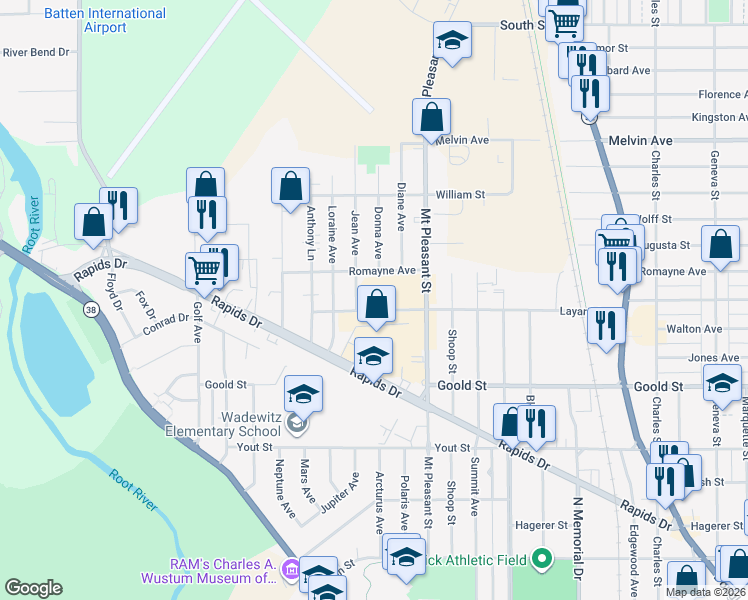 map of restaurants, bars, coffee shops, grocery stores, and more near 2250 Layard Avenue in Racine