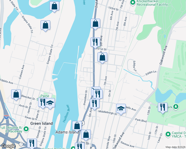 map of restaurants, bars, coffee shops, grocery stores, and more near 821 River Street in Troy