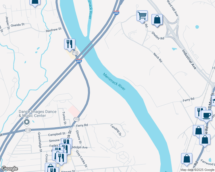 map of restaurants, bars, coffee shops, grocery stores, and more near 8 Ferry Road in Methuen