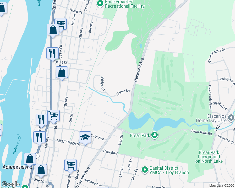 map of restaurants, bars, coffee shops, grocery stores, and more near Eddys Lane in Troy