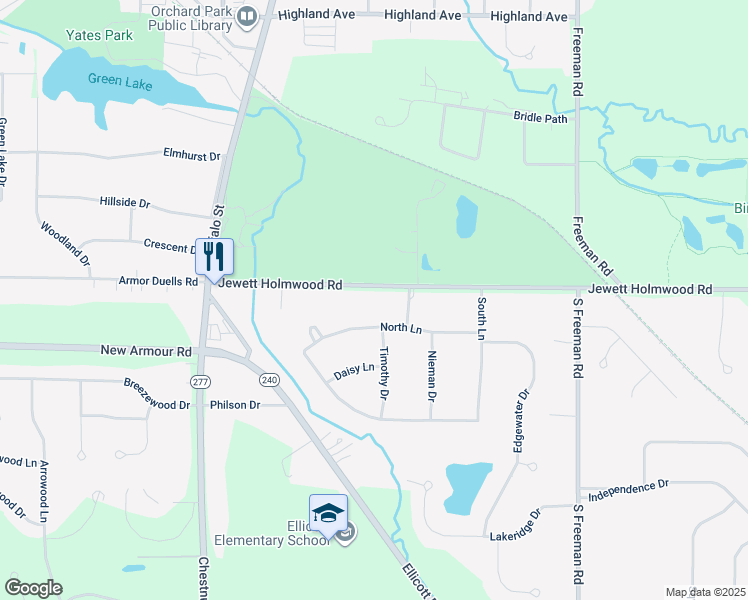 map of restaurants, bars, coffee shops, grocery stores, and more near 54 North Lane in Orchard Park