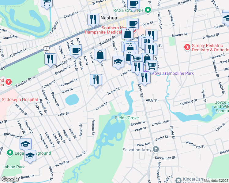 map of restaurants, bars, coffee shops, grocery stores, and more near 157 Chestnut Street in Nashua