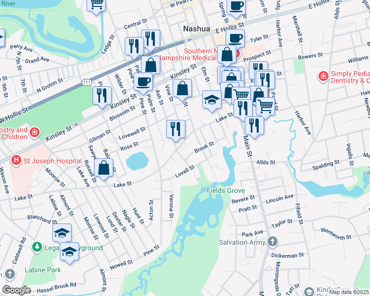 map of restaurants, bars, coffee shops, grocery stores, and more near 34 Brook Street in Nashua