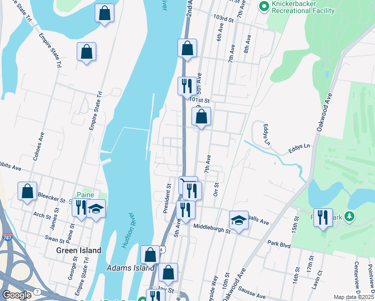 map of restaurants, bars, coffee shops, grocery stores, and more near 3165 6th Avenue in Troy
