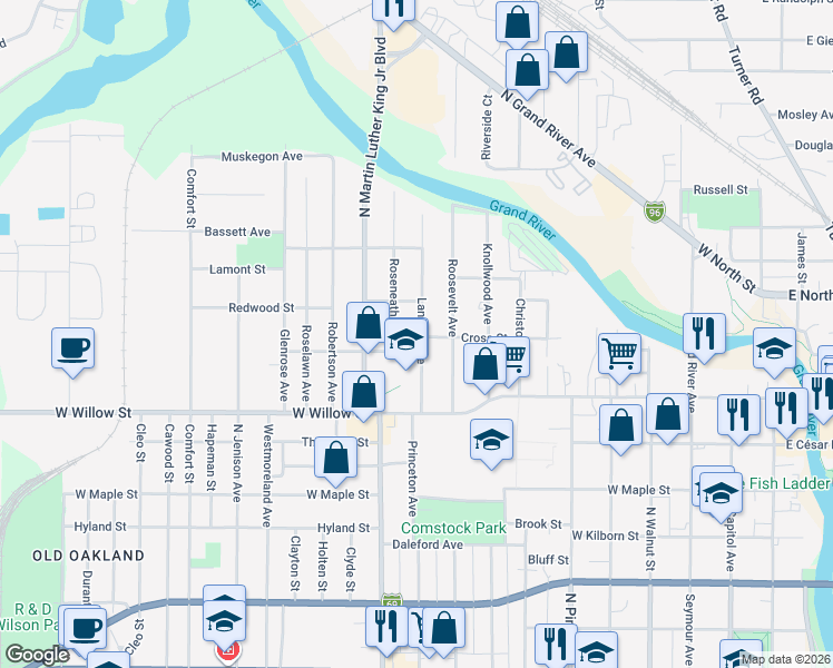map of restaurants, bars, coffee shops, grocery stores, and more near 1354 Lansing Avenue in Lansing