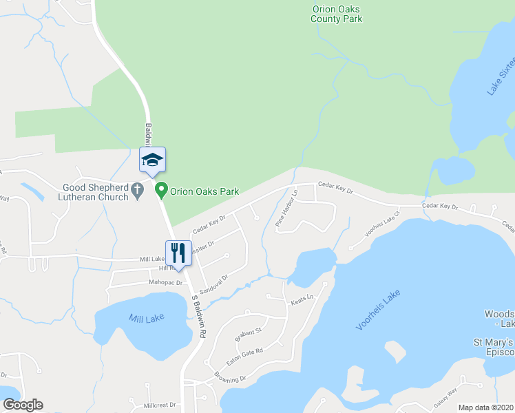 map of restaurants, bars, coffee shops, grocery stores, and more near 2889 Cedar Key Drive in Orion Township