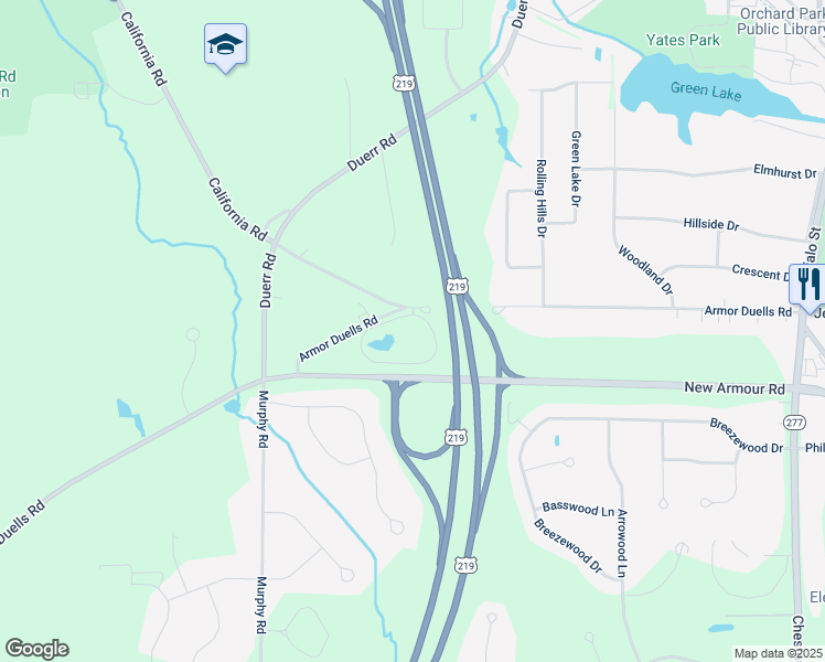 map of restaurants, bars, coffee shops, grocery stores, and more near 6055 Armor Duells Road in Orchard Park
