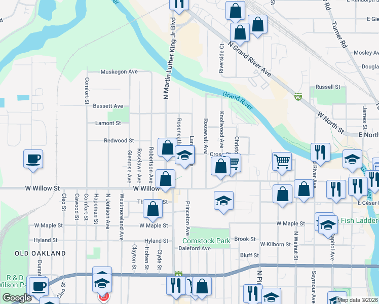 map of restaurants, bars, coffee shops, grocery stores, and more near 1354 Lansing Avenue in Lansing
