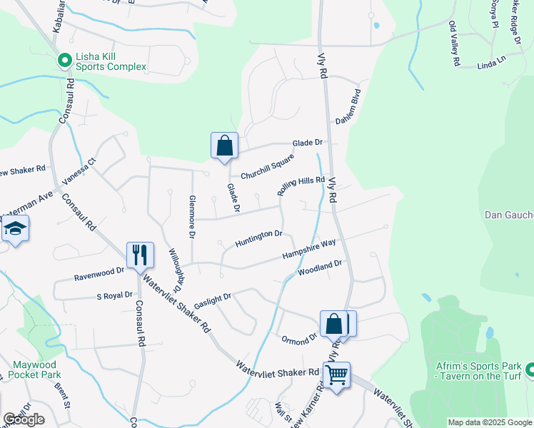 map of restaurants, bars, coffee shops, grocery stores, and more near 19 Huntington Drive in Schenectady