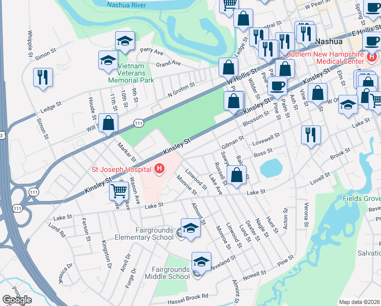map of restaurants, bars, coffee shops, grocery stores, and more near 22 Wadleigh Street in Nashua