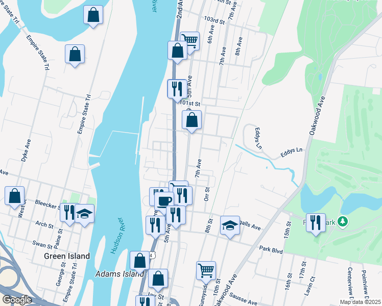 map of restaurants, bars, coffee shops, grocery stores, and more near 3165 6th Avenue in Troy