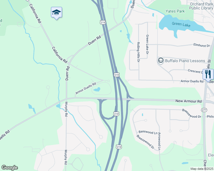 map of restaurants, bars, coffee shops, grocery stores, and more near 6055 Armor Duells Road in Orchard Park