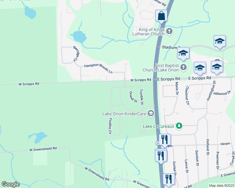 map of restaurants, bars, coffee shops, grocery stores, and more near 2096 Gunnison Street in Orion charter Township