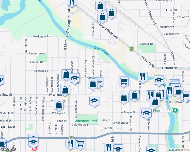 map of restaurants, bars, coffee shops, grocery stores, and more near 1334 Knollwood Avenue in Lansing