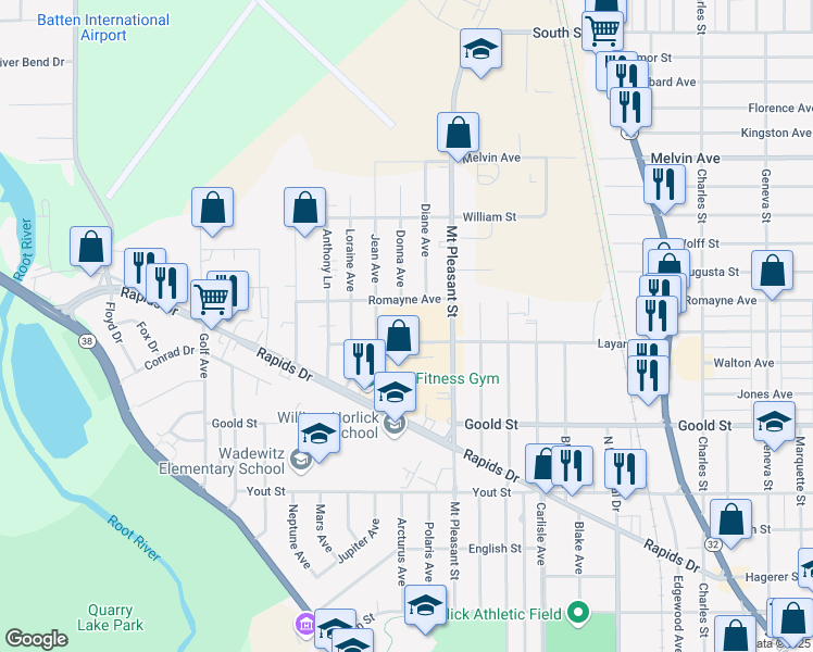 map of restaurants, bars, coffee shops, grocery stores, and more near in Racine