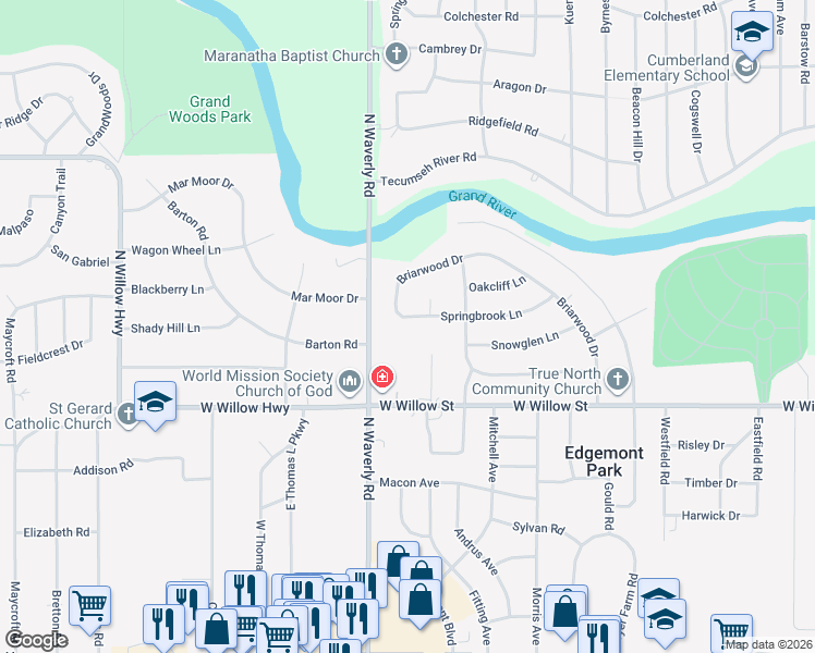 map of restaurants, bars, coffee shops, grocery stores, and more near 1421 Shaffer Court in Lansing