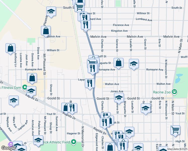 map of restaurants, bars, coffee shops, grocery stores, and more near 2345 Douglas Avenue in Racine
