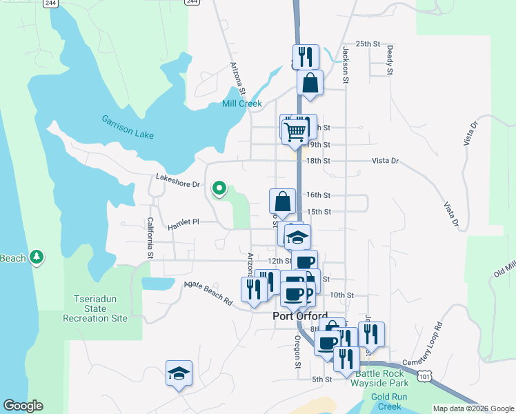 map of restaurants, bars, coffee shops, grocery stores, and more near 1534 Arizona Street in Port Orford
