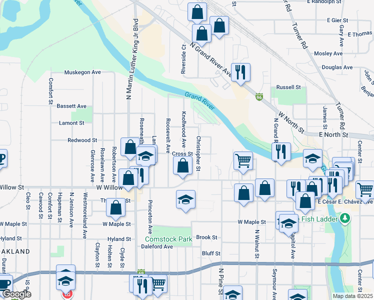 map of restaurants, bars, coffee shops, grocery stores, and more near 1334 Knollwood Avenue in Lansing