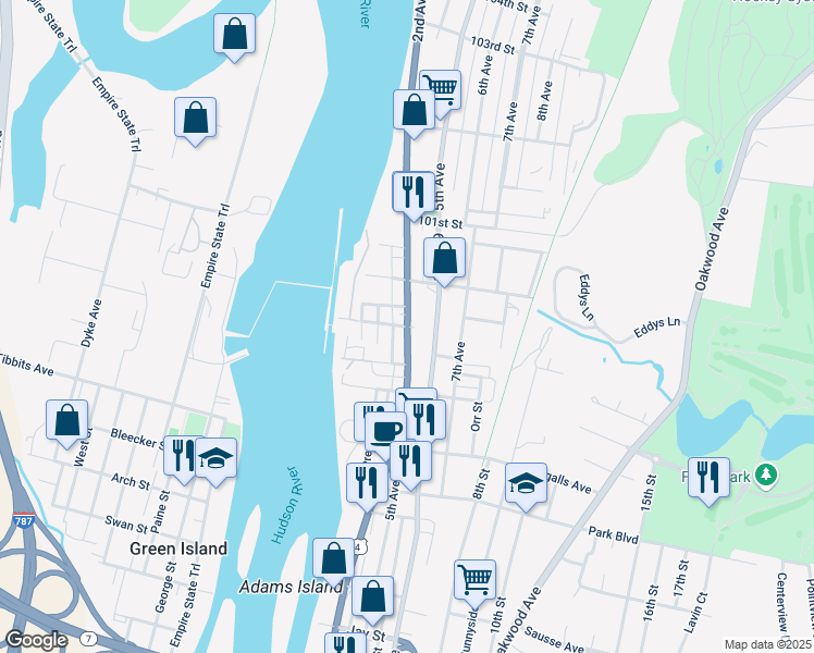 map of restaurants, bars, coffee shops, grocery stores, and more near River Street & Bond Street in Troy